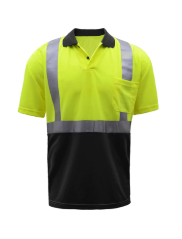 two tone Class 2 Hi Vis Lime orange Polo shirts with Black Bottom and Collar